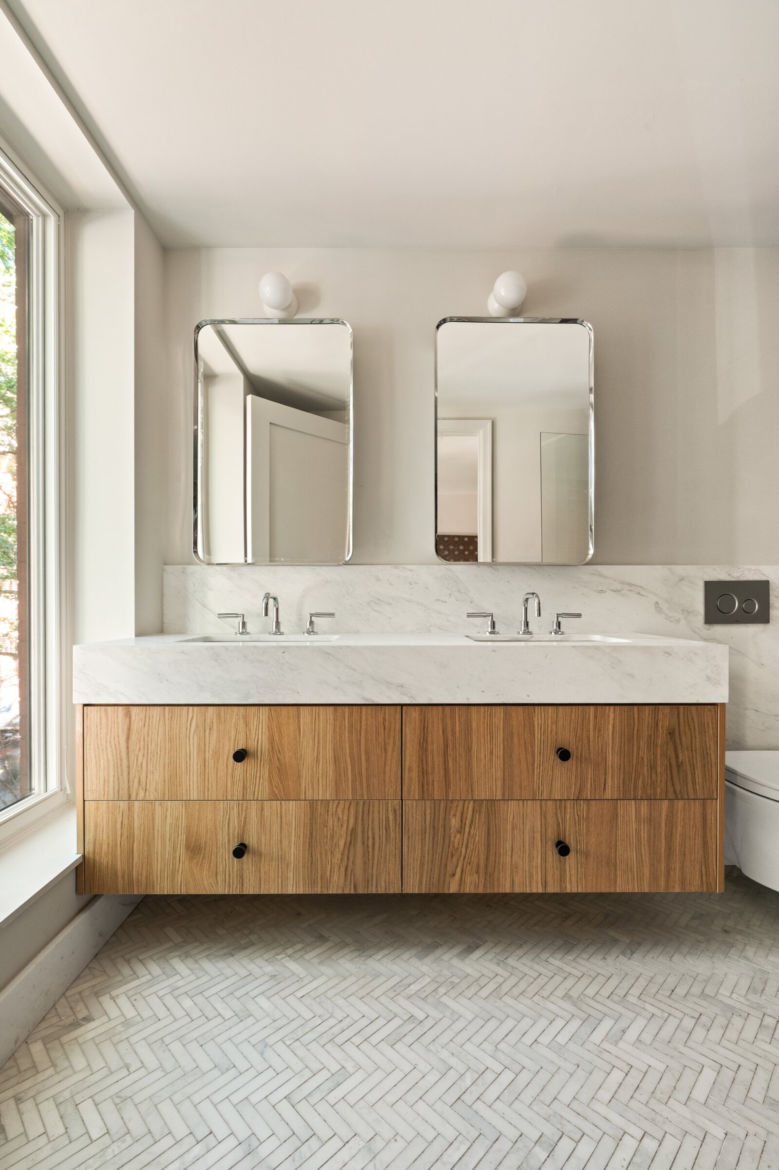 Oak and marble double vanity at 436 State Street