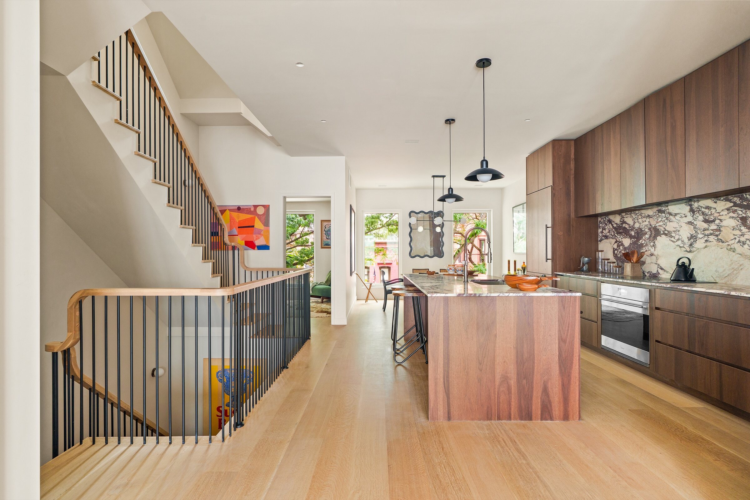 Walnut kitchen and open stair at 436 State Street