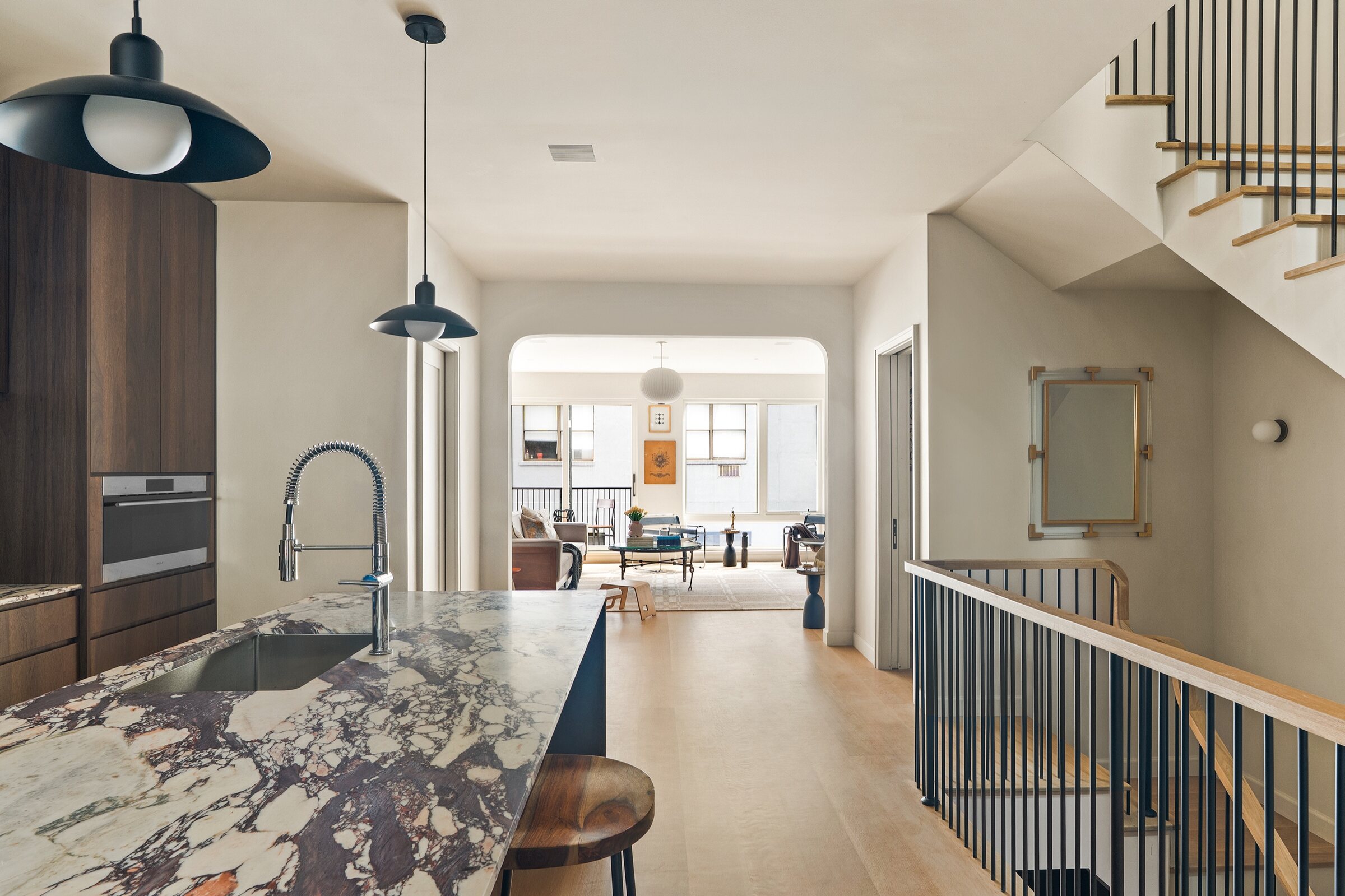 Kitchen, stair, and living-room view at 436 State Street